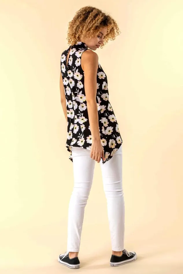 Multi Floral Twist Neck Vest Top Women Roman Tops