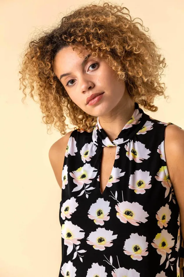 Multi Floral Twist Neck Vest Top Women Roman Tops