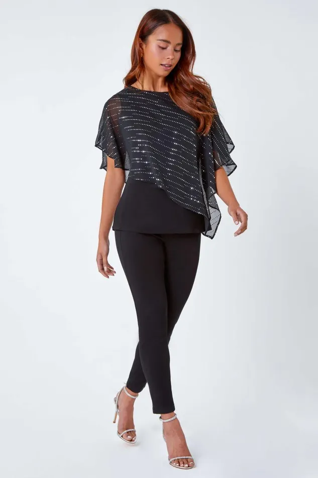 Multi Petite Shimmer Chiffon Overlay Stretch Top Women Roman Tops