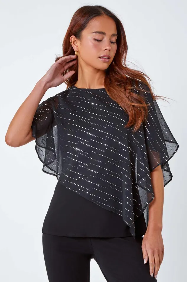 Multi Petite Shimmer Chiffon Overlay Stretch Top Women Roman Tops