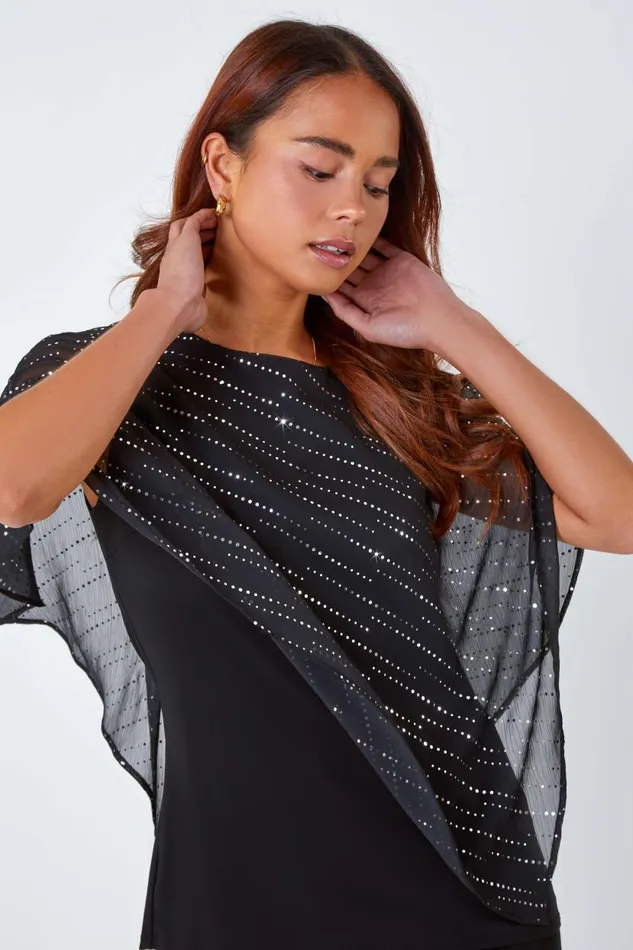 Multi Petite Shimmer Chiffon Overlay Stretch Top Women Roman Tops
