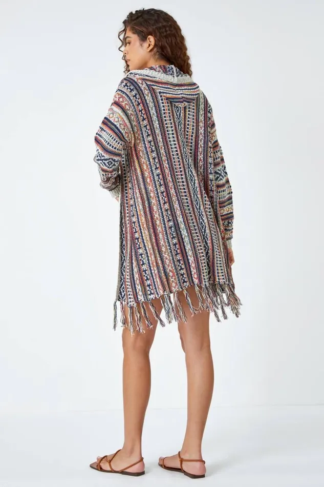 Natural Aztec Print Tassel Hem Longline Cardigan Women Roman Knitwear