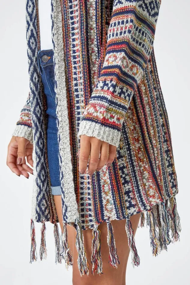 Natural Aztec Print Tassel Hem Longline Cardigan Women Roman Knitwear