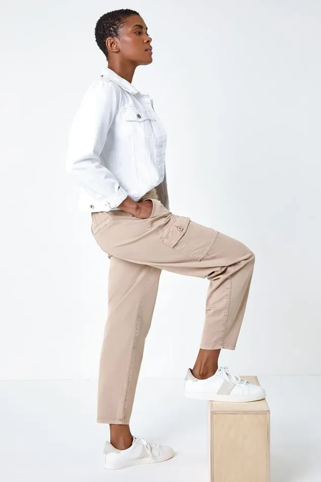 Natural Casual Elastic Waist Cropped Cargo Trousers Women Roman Trousers