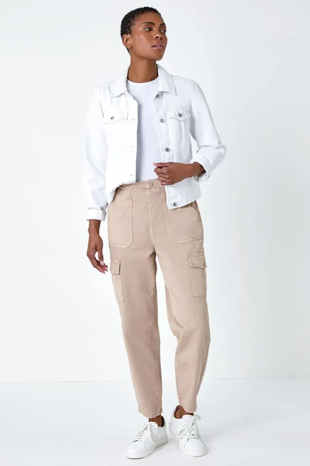 Natural Casual Elastic Waist Cropped Cargo Trousers Women Roman Trousers