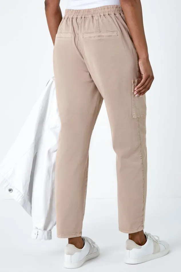 Natural Casual Elastic Waist Cropped Cargo Trousers Women Roman Trousers