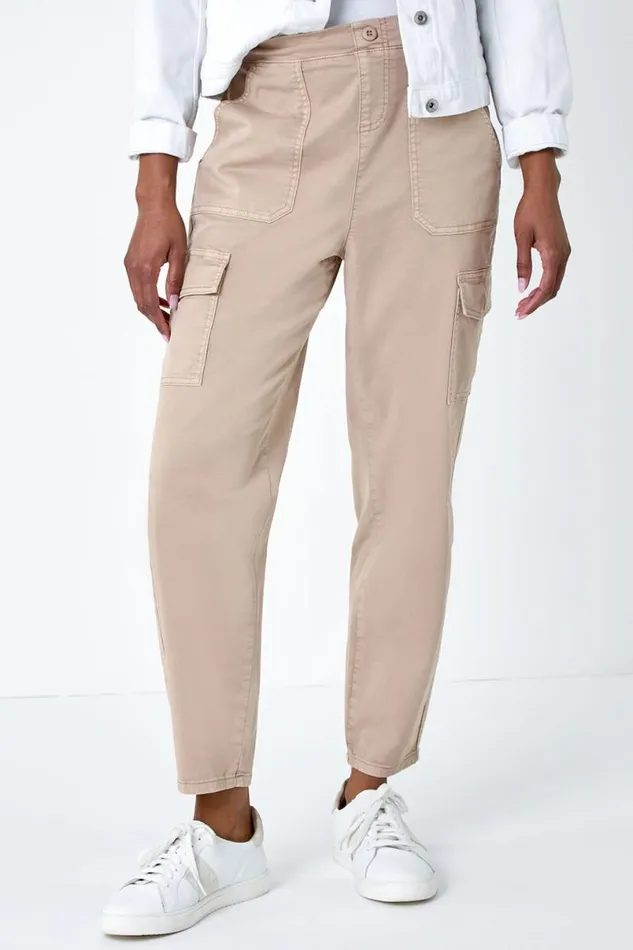 Natural Casual Elastic Waist Cropped Cargo Trousers Women Roman Trousers
