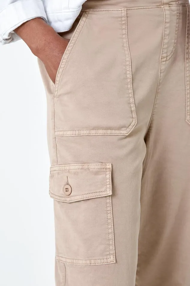 Natural Casual Elastic Waist Cropped Cargo Trousers Women Roman Trousers