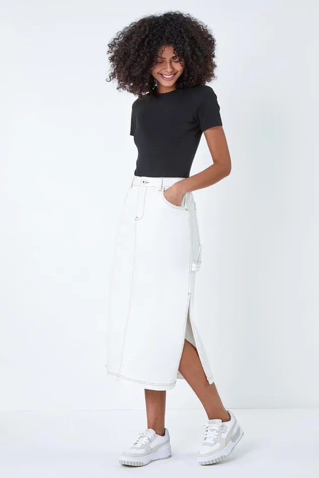 Natural Cotton Denim Side Split Midi Skirt Women Roman Skirts