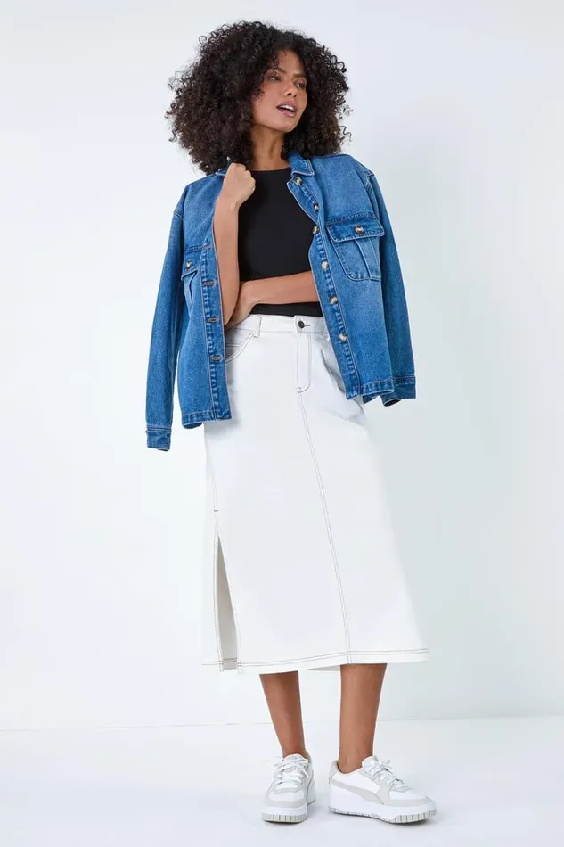Natural Cotton Denim Side Split Midi Skirt Women Roman Skirts