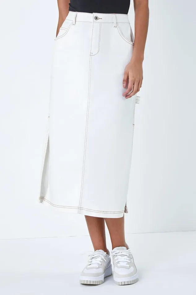 Natural Cotton Denim Side Split Midi Skirt Women Roman Skirts