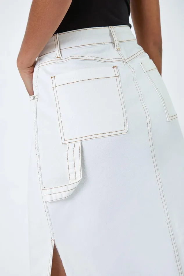 Natural Cotton Denim Side Split Midi Skirt Women Roman Skirts