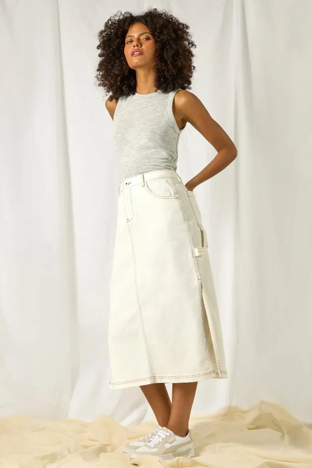 Natural Cotton Denim Side Split Midi Skirt Women Roman Skirts