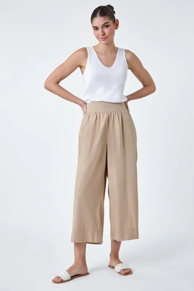 Natural Elastic Waist Wide Leg Cotton Cropped Culottes Women Roman Trousers