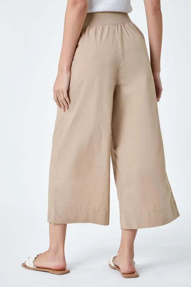 Natural Elastic Waist Wide Leg Cotton Cropped Culottes Women Roman Trousers