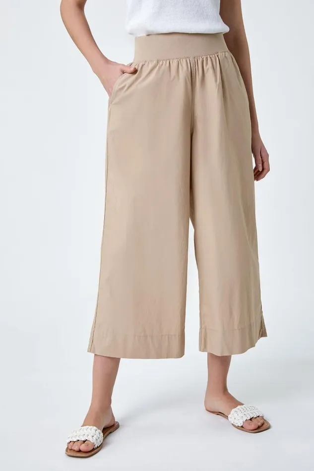 Natural Elastic Waist Wide Leg Cotton Cropped Culottes Women Roman Trousers
