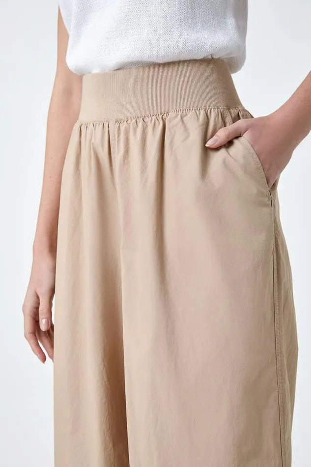 Natural Elastic Waist Wide Leg Cotton Cropped Culottes Women Roman Trousers