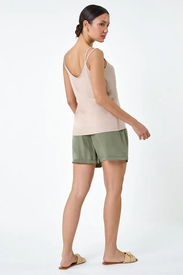 Natural Plain Double Strap VNeck Stretch Vest Top Women Roman Tops