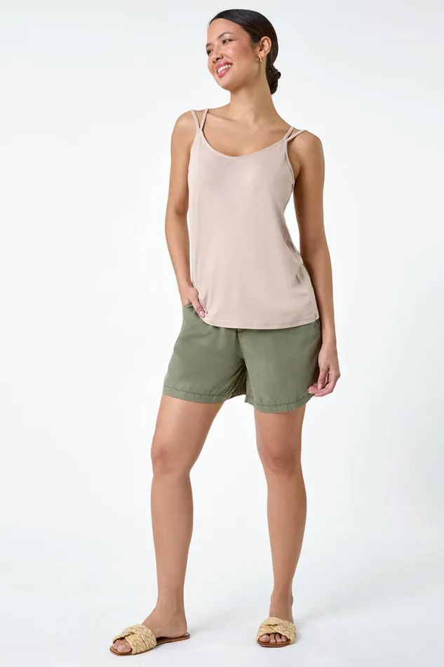 Natural Plain Double Strap VNeck Stretch Vest Top Women Roman Tops