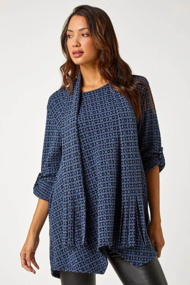Navy Abstract Print Stretch Tunic Top and Scarf Women Roman Tops