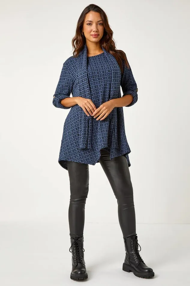 Navy Abstract Print Stretch Tunic Top and Scarf Women Roman Tops