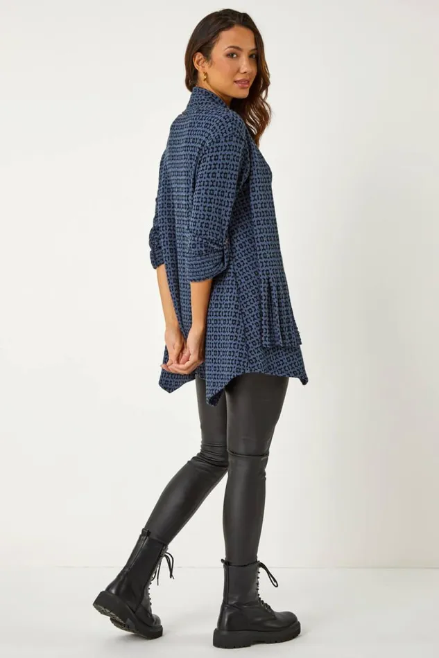 Navy Abstract Print Stretch Tunic Top and Scarf Women Roman Tops