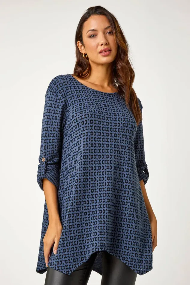 Navy Abstract Print Stretch Tunic Top and Scarf Women Roman Tops