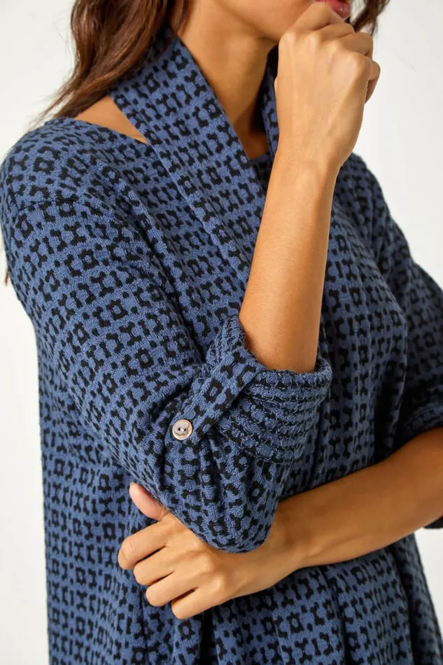 Navy Abstract Print Stretch Tunic Top and Scarf Women Roman Tops