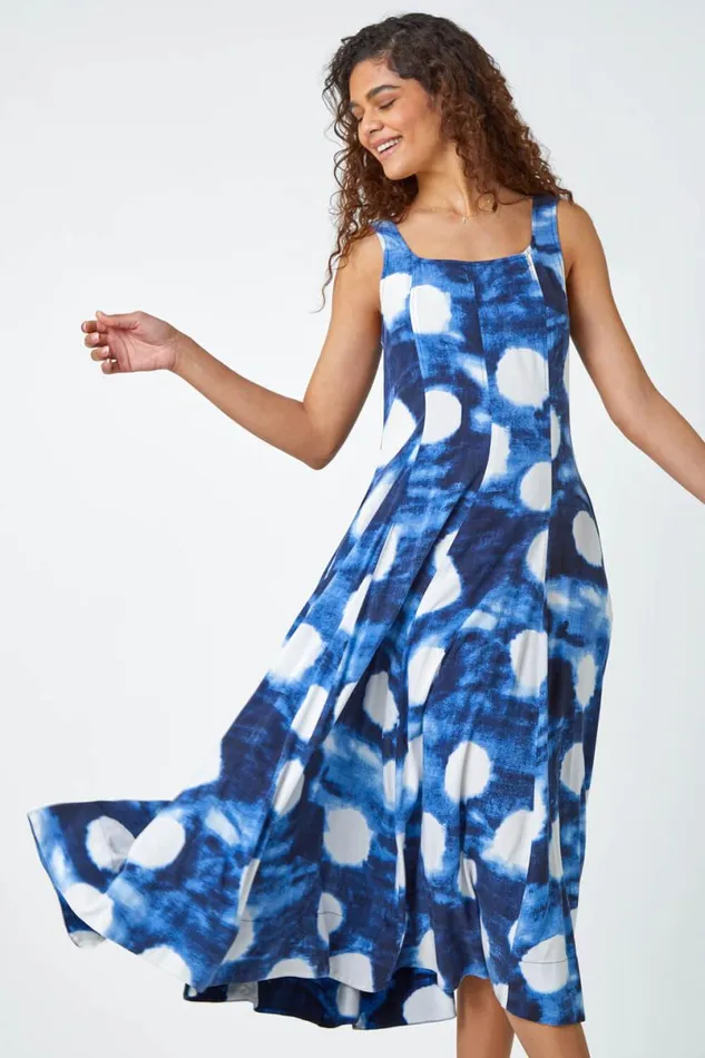 Navy Abstract Spot Print Panelled Midi Dress Women Roman Dresses