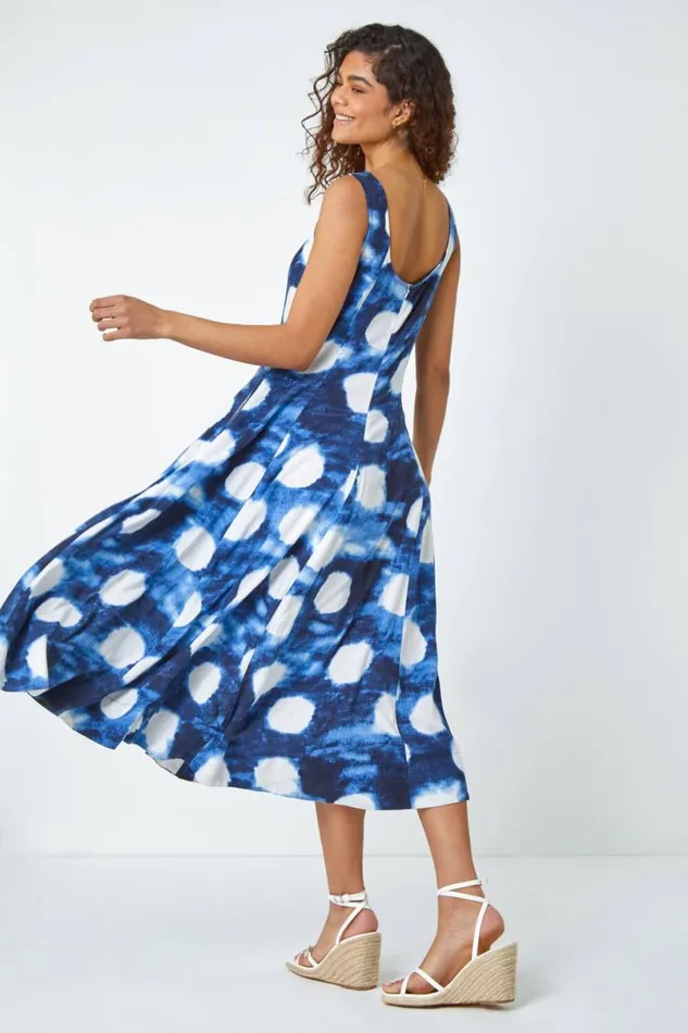 Navy Abstract Spot Print Panelled Midi Dress Women Roman Dresses