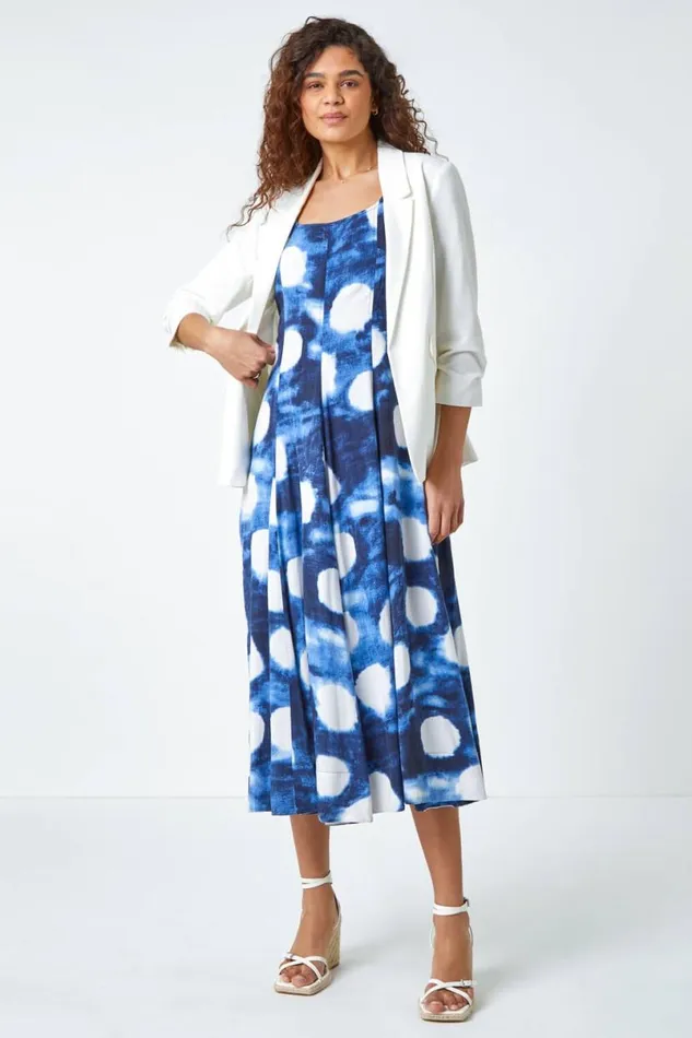 Navy Abstract Spot Print Panelled Midi Dress Women Roman Dresses