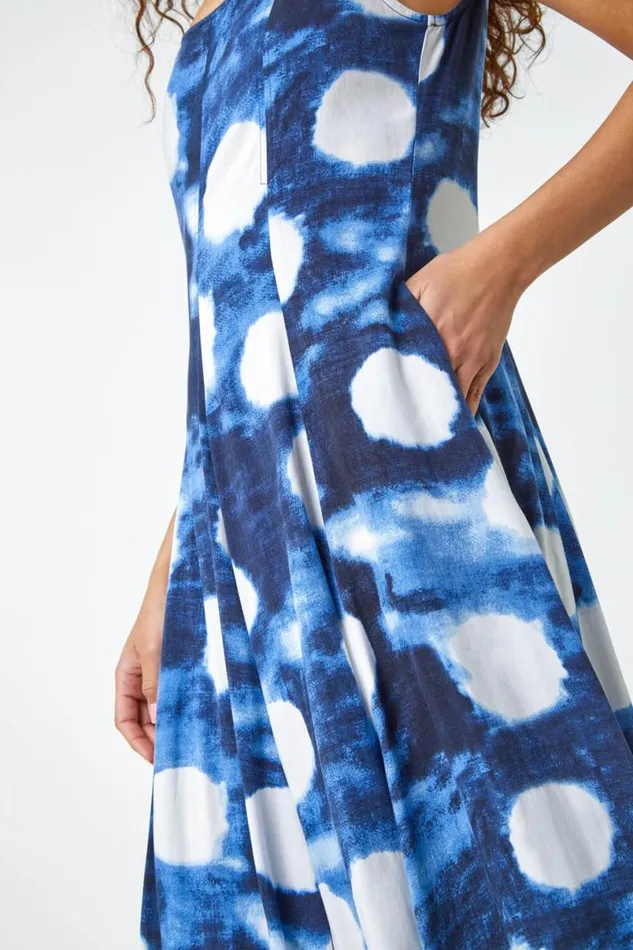 Navy Abstract Spot Print Panelled Midi Dress Women Roman Dresses