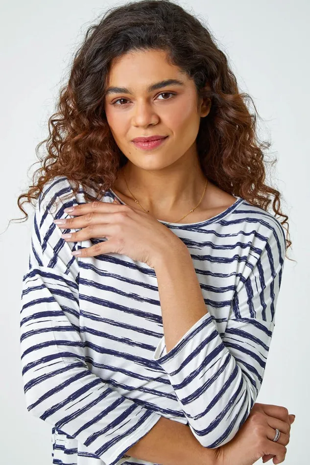 Navy Abstract Stripe Print Stretch Top Women Roman Tops