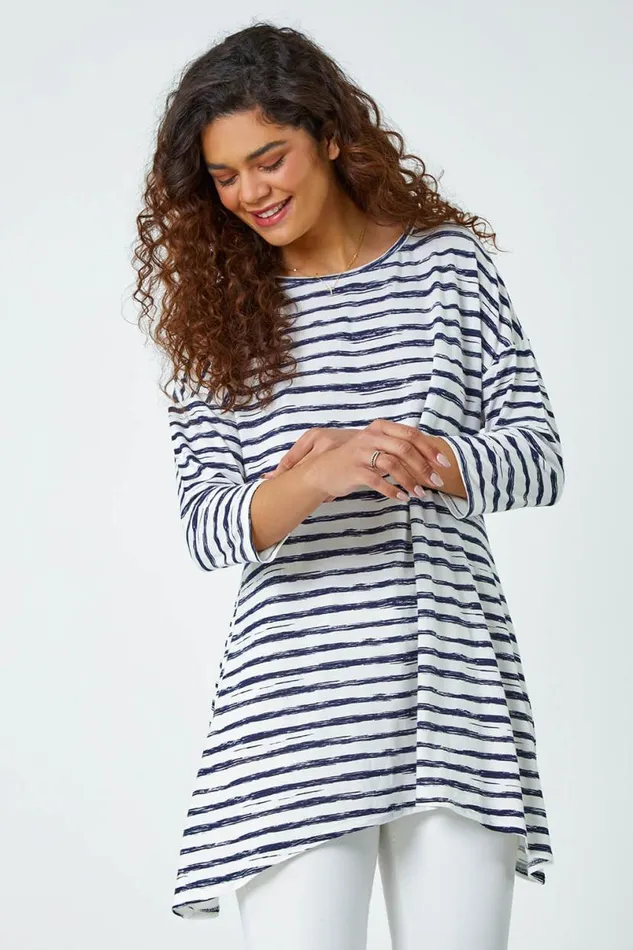 Navy Abstract Stripe Print Stretch Top Women Roman Tops