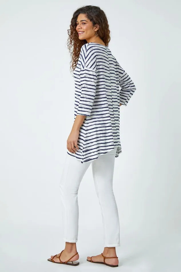 Navy Abstract Stripe Print Stretch Top Women Roman Tops
