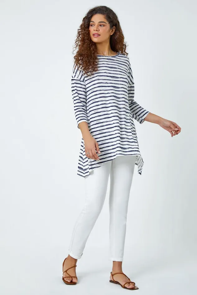Navy Abstract Stripe Print Stretch Top Women Roman Tops