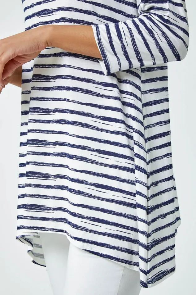Navy Abstract Stripe Print Stretch Top Women Roman Tops