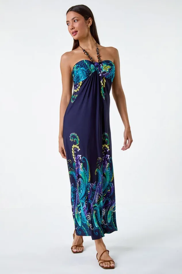 Navy Bead Necklace Bandeau Stretch Maxi Dress Women Roman Dresses