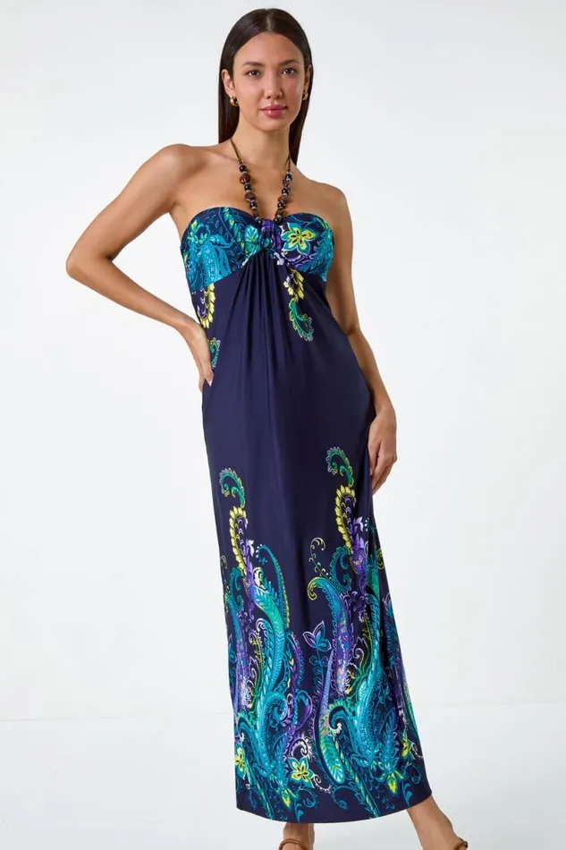 Navy Bead Necklace Bandeau Stretch Maxi Dress Women Roman Dresses