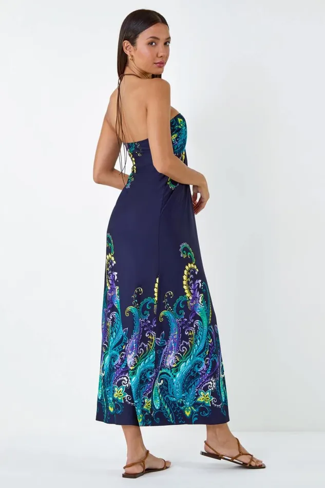 Navy Bead Necklace Bandeau Stretch Maxi Dress Women Roman Dresses