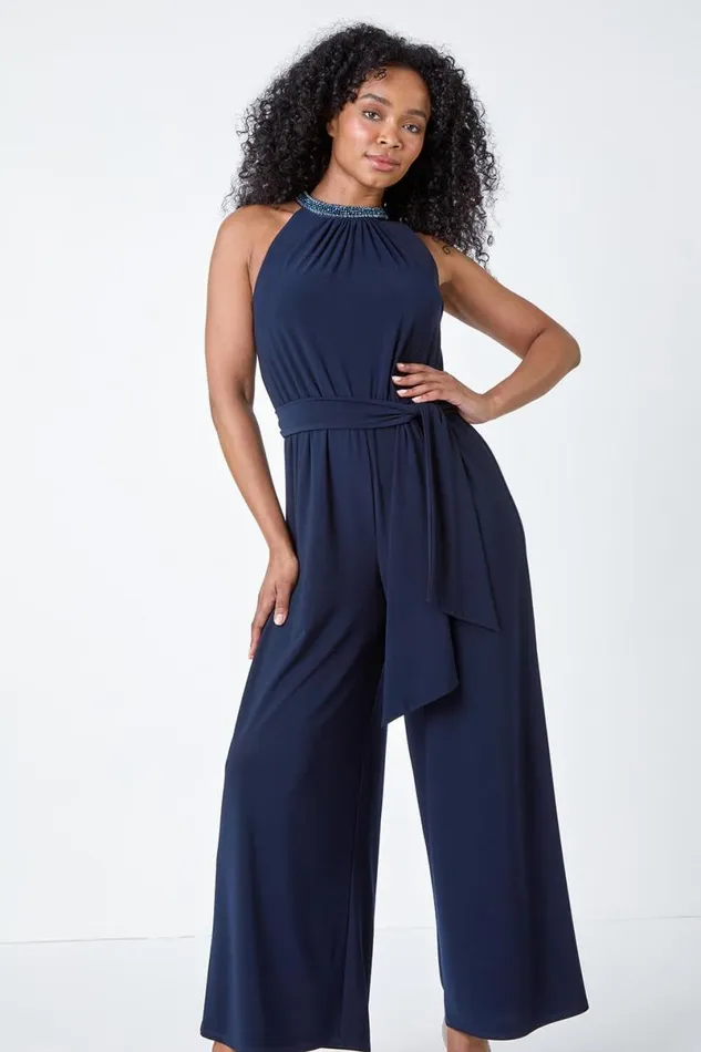 Navy Beaded Wide Leg Halterneck Stretch Jumpsuit Women Roman Dresses