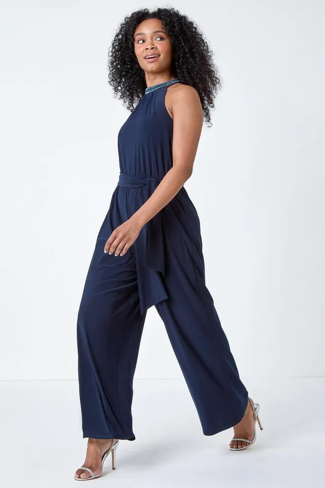 Navy Beaded Wide Leg Halterneck Stretch Jumpsuit Women Roman Dresses