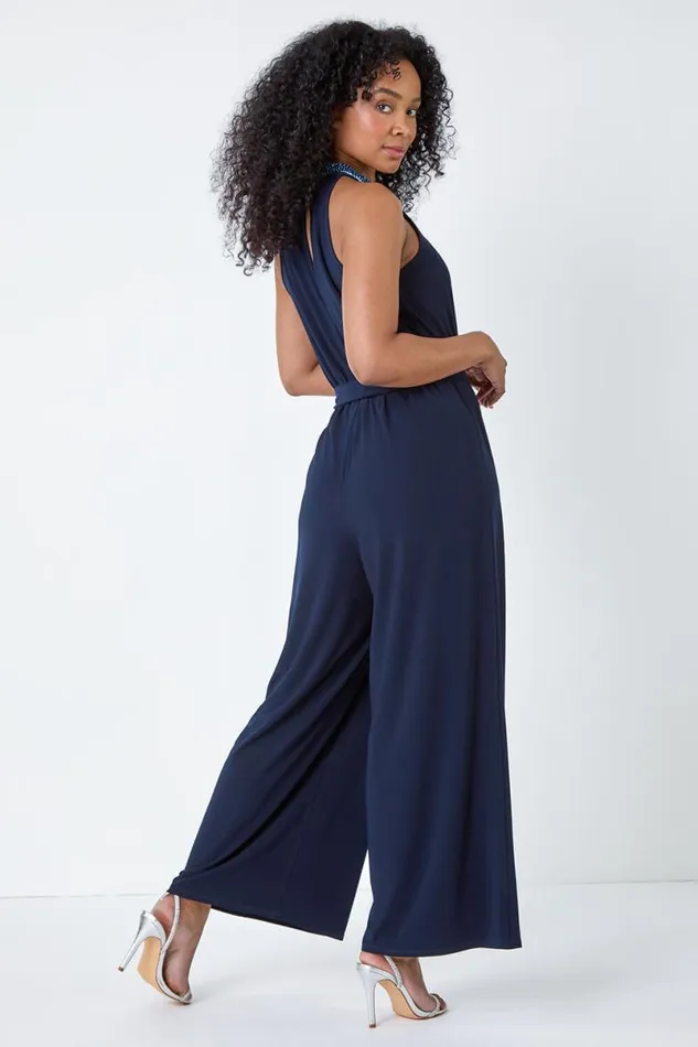 Navy Beaded Wide Leg Halterneck Stretch Jumpsuit Women Roman Dresses