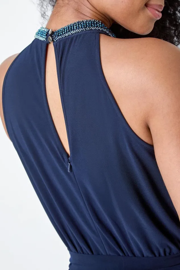 Navy Beaded Wide Leg Halterneck Stretch Jumpsuit Women Roman Dresses
