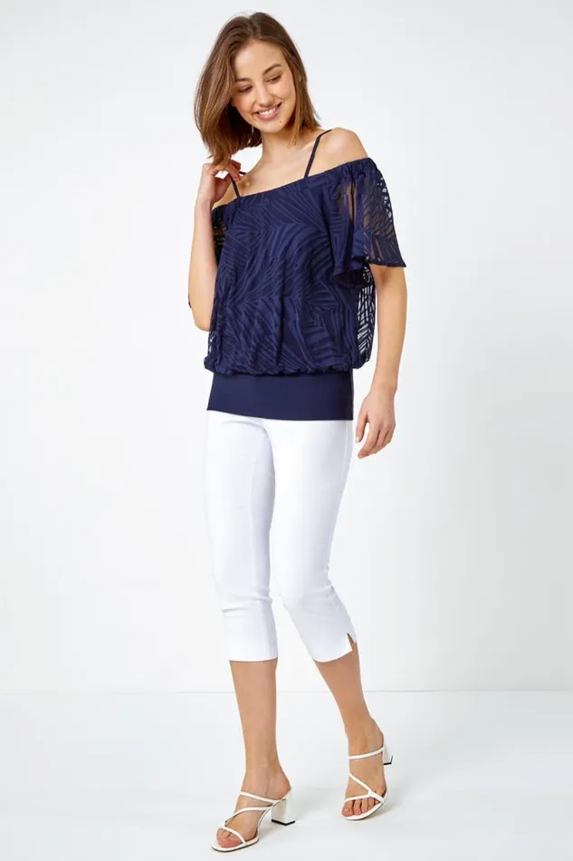 Navy Burnout Palm Print Cold Shoulder Top Women Roman Tops