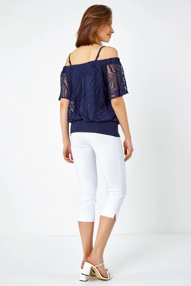 Navy Burnout Palm Print Cold Shoulder Top Women Roman Tops