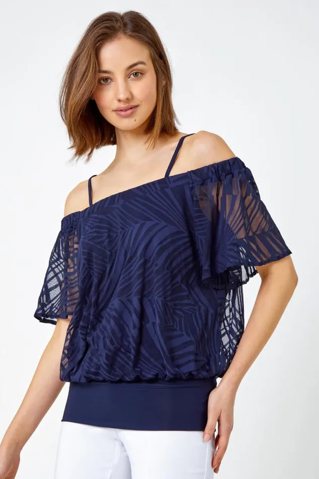Navy Burnout Palm Print Cold Shoulder Top Women Roman Tops
