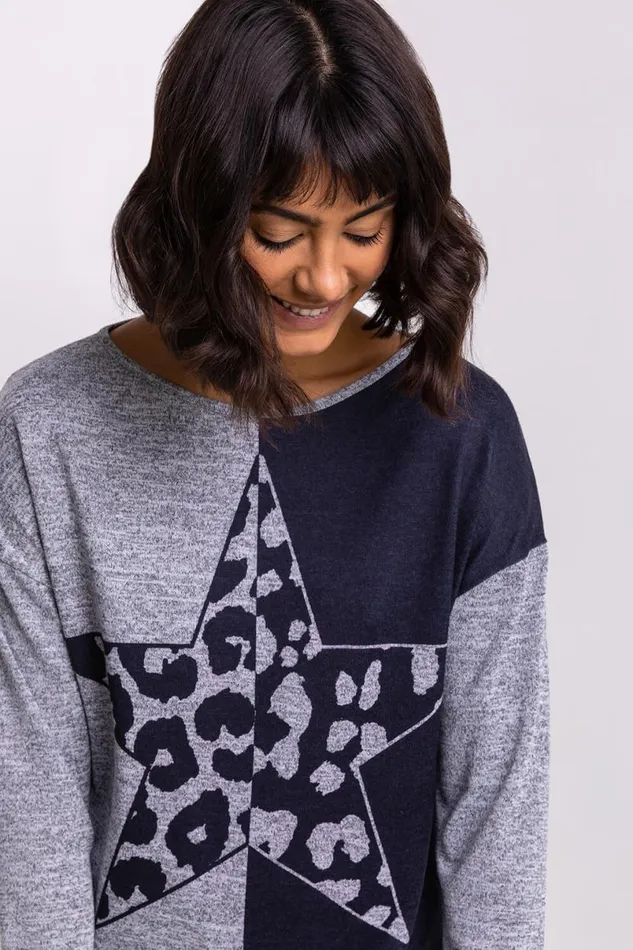 Navy Contrast Animal Print Soft Knit Jersey Top Women Roman Tops