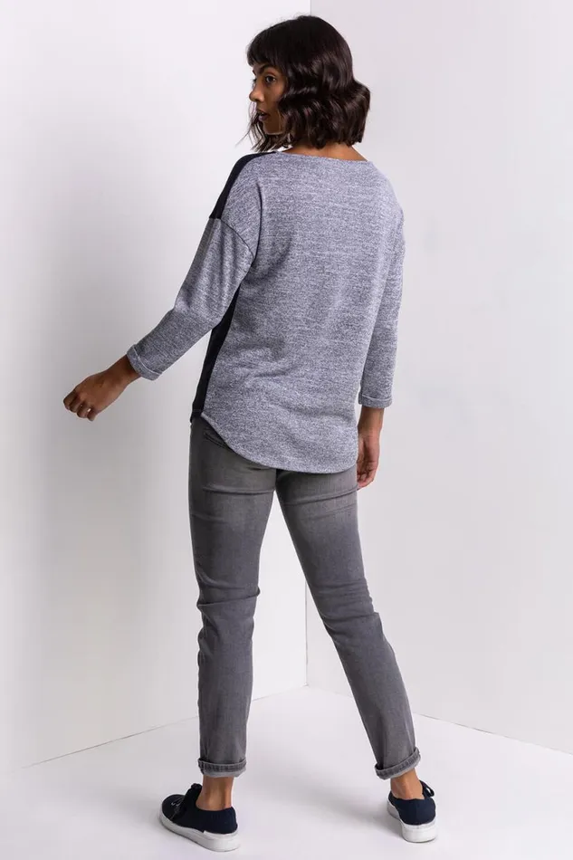 Navy Contrast Animal Print Soft Knit Jersey Top Women Roman Tops