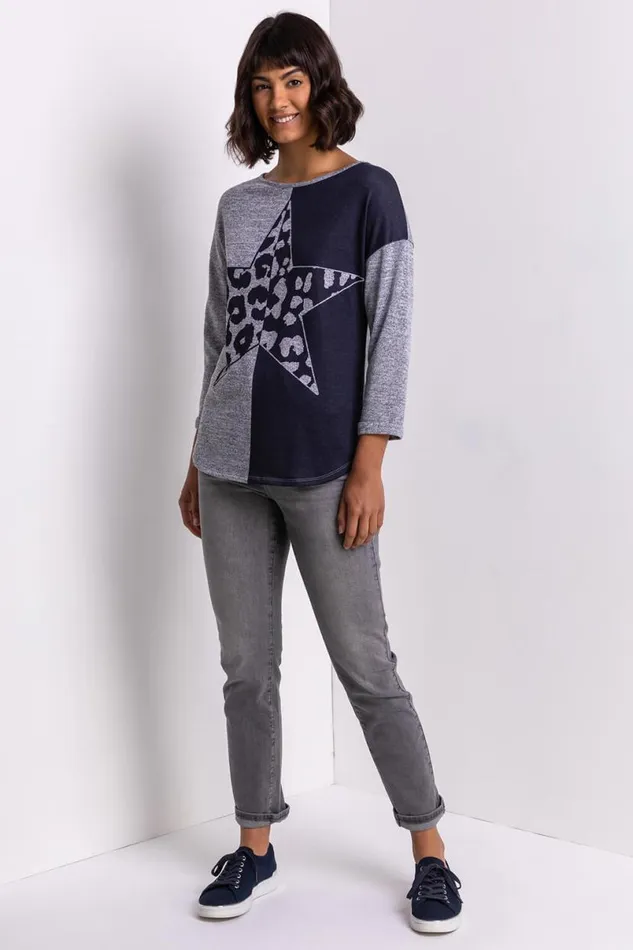 Navy Contrast Animal Print Soft Knit Jersey Top Women Roman Tops